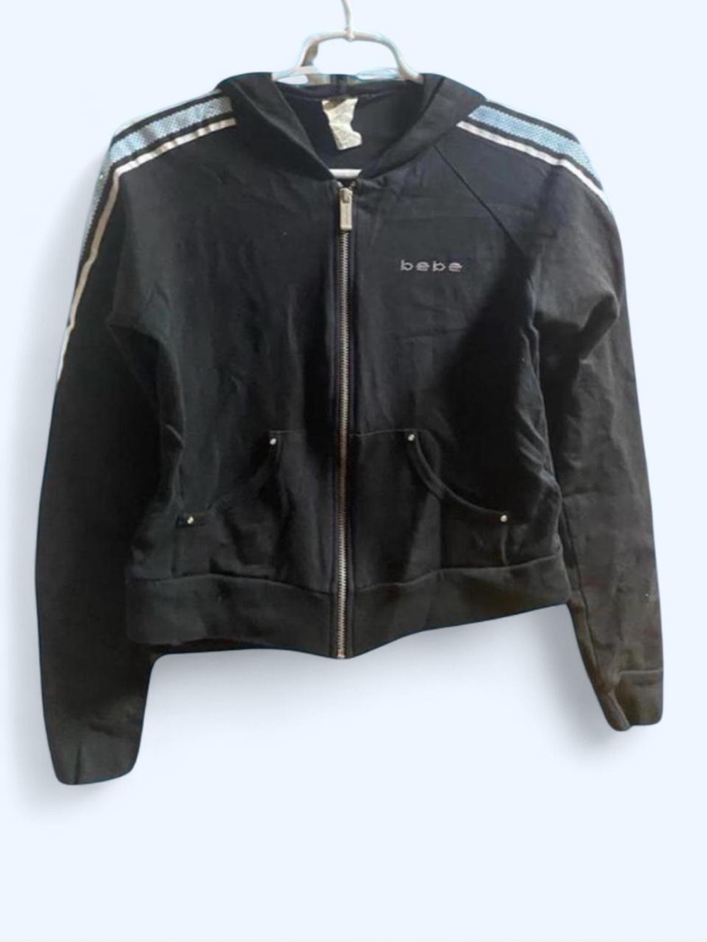 Vintage Y2K Bebe Black White Blue Striped Sleeve Zip-Up Hoodie Sweatshirt Small